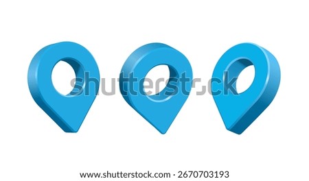 Blue pin location or pin map on GPS application 3 view place on white background, vector 3d illustration on isolated background for advertising design 