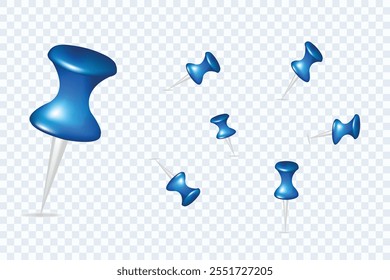 Blue pin set with isolated shadow on transparent background. 3D vector plastic pin, sewing needle or pushpin for paper announcement