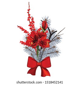 Blue pine branch, berries and Amaryllis (Hipperastrum) flower composition. Fir tree branch. Element for design and Christmas composition. 