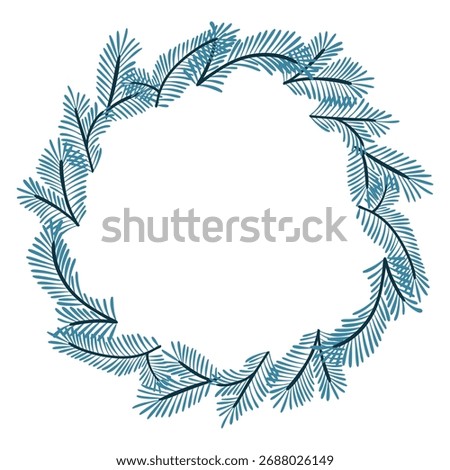 Blue pine branch wreath in minimal style forming a circular frame with empty center. Represents natural winter design and holiday decoration concept