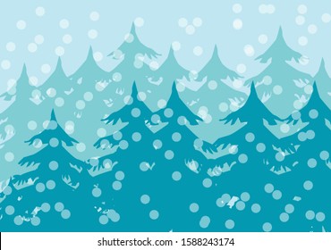 Blue pine forest background with snowflakes in winter.