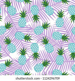 blue pineapple with triangles geometric fruit summer tropical exotic hawaii sweet pattern on a purple palm leaves background seamless vector.