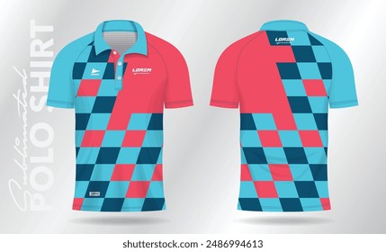 blue and pink abstract jersey polo shirt mockup template design for sport uniform in front view and back view