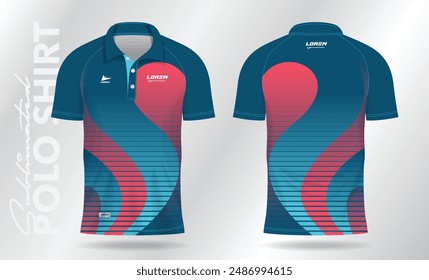 blue and pink abstract jersey polo shirt mockup template design for sport uniform in front view and back view