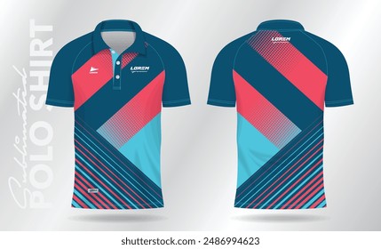 blue and pink abstract jersey polo shirt mockup template design for sport uniform in front view and back view