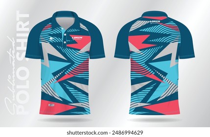 blue and pink abstract jersey polo shirt mockup template design for sport uniform in front view and back view