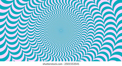 Blue and pink abstract wavy line surface. Radial distorted waves poster design. Optical illusion background. Trippy sunburst wallpaper. Vector spinning hypnotic illustration