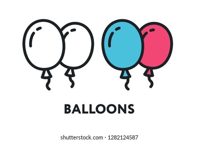 Blue and Pink Air Balloons. Party Celebration Concept. Vector Flat Line Stroke Icon.