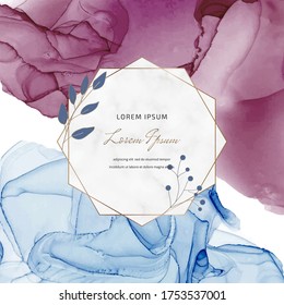 Blue and pink alcohol ink banner with geometric marble frames and leaves. Trendy template for wedding invitation, card, flyer, poster, greeting.