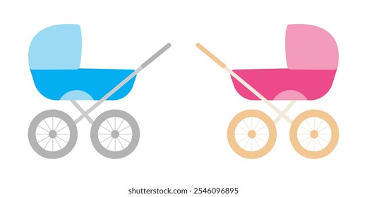 Blue and pink baby baby carriage isolated on a white background. Two newborn baby strollers for girls and boys. Vector illustration in flat style, colored icon.