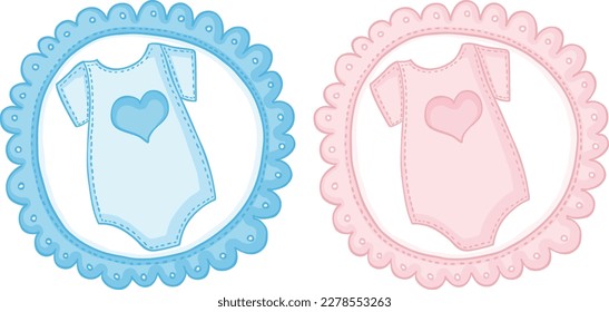 Blue and pink baby round label with bodysuit