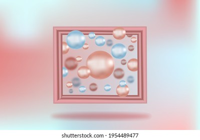 
blue and pink background with pink frame. balloons in the air. modern background.