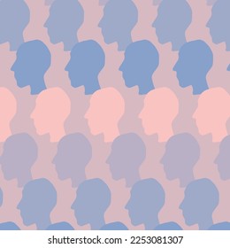 Blue pink background with human had shape in profile. Decorative seamless pattern for wrapping paper, wallpaper, textile, greeting cards and invitations.