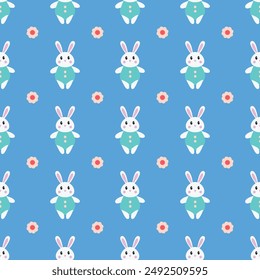 A blue and pink background with a pattern of rabbits and flowers. The rabbits are all different sizes and are wearing different colored outfits. Scene is playful and whimsical