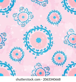 Blue and pink background suzani pattern - traditional textile product in Uzbekistan. Patterns for silk abric. Scarf. 