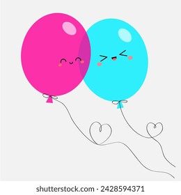 Blue and pink balloon set with heart thread. Two cute balloons in love. Happy Valentines Day Love greeting card. Cartoon kawaii smiling baby characters. Flat design. White background. Isolated. Vector