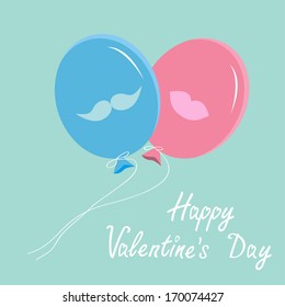 Blue and pink balloons with mustache and lips. Happy Valentines Day card. Vector illustration.