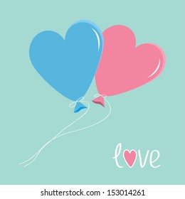 Blue and pink balloons in shape of heart. Love card. Vector illustration.