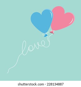 Blue and pink balloons in shape of heart with love thread Flat design Vector illustration