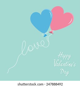 Blue and pink balloons in shape of heart with love thread Flat design Happy Valentines day Vector illustration