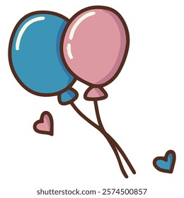 Blue and Pink Balloons with Strings, A pair of pink and blue balloons with strings, great for festive illustrations, romantic celebrations, and party decorations