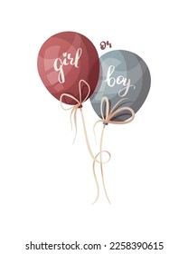 Blue and pink balloons with words "boy" and "girl" on it. Gender party, Baby waiting, pregnancy concept. Isolated vector illustration.