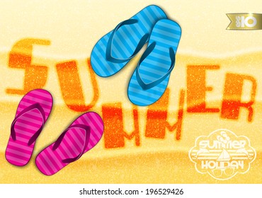 Blue and pink beach summer sneaker and the inscription on the sand