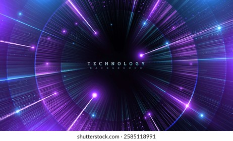 Blue and pink beams of light radiate out in a circle decorated with a glowing effect with empty space in the middle, colorful futuristic technology background. Vector illustration.
