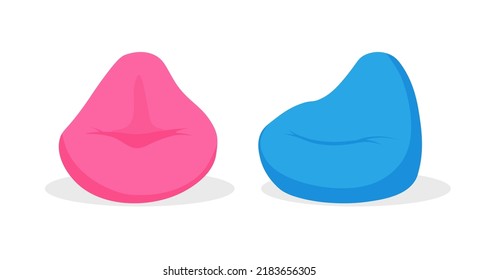 Blue and pink beanbag in trendy flat style. Pouf furniture icon. Soft chair in front and left view. Vector illustration isolated on white background.