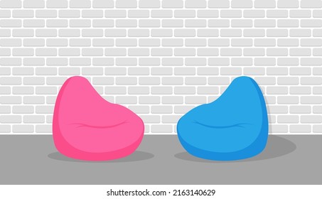 Blue and pink beanbag in white interior. Pouf soft furniture near the brick wall. Vector illustration isolated on white background.