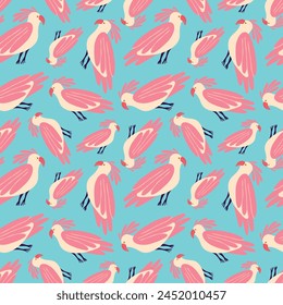 A blue and pink bird pattern with birds of different colors and sizes. The birds are arranged in a way that creates a sense of movement and energy. Scene is playful and whimsical