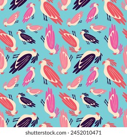 A blue and pink bird pattern with birds of different colors and sizes. The birds are arranged in a way that creates a sense of movement and energy. Scene is playful and whimsical