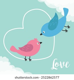 Blue pink birds sitting on heart and flying. Bird in love set. Happy Valentines day. Cute cartoon kawaii funny baby character. Childish style. Flat design. White cloud. Blue sky background. Vector