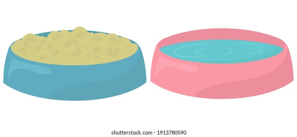 blue and pink bowl with water and food for rodents or other pets, vector element in flat style