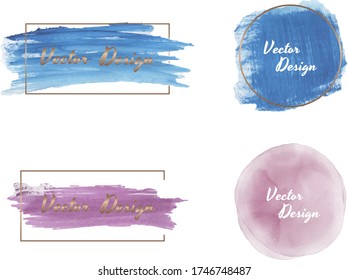 Blue and pink brush stroke watercolor texture with golden lines frames.
