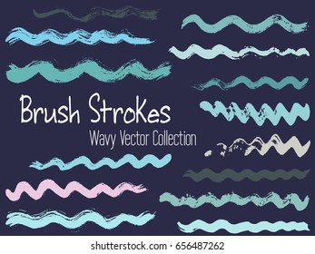 Blue and pink brush stroke wave vector collection. Bent hand drawn brushstrokes, ink splashes, watercolor splats, painted curls. Set of brush curves for summer holiday pattern.