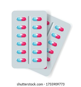 Cápsulas azules y rosas en un blister, diseño plano medicina vectorial ilustración, blister con icono de cápsulas
