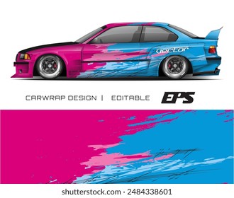 Blue and pink car wrap design with a black spoiler. Ideal for showcasing vehicle vinyl designs and automotive customization projects.