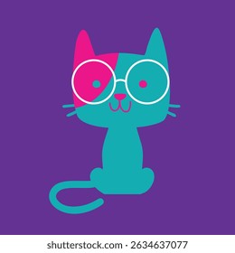 Blue and pink cat with glasses on violet background