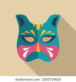 Blue and pink cat mask with a long shadow on a beige background