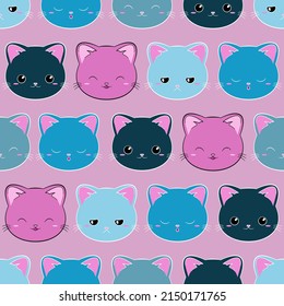Blue and pink cats - seamless pattern on pink background. Vector illustration.