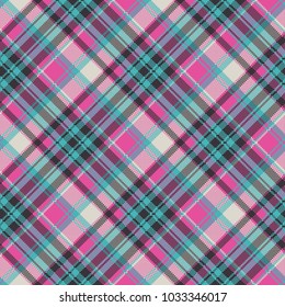 Blue pink check plaid fabric texture seamless pattern. Vector illustration.