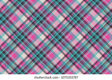 Blue pink check plaid fabric texture seamless pattern. Vector illustration.