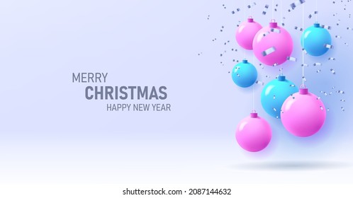 Blue and pink Christmas ball hangong with silver cofetti and greeting for boys and girls