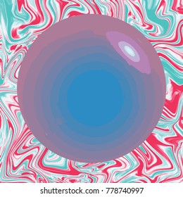 Blue and pink circle on digital marbling background. Liquid surface backdrop. Candy suminagashi vector for web design or festival invitation. Fluid color pattern. Traditional Turkish ebru technique