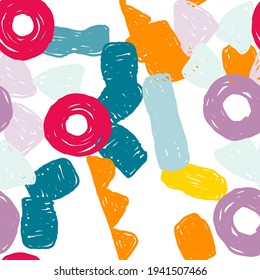 Blue And Pink Circle Vector Seamless Pattern. Motley Geometry Shape Poster. Yellow And Orange Geometric Illustration. Bright Form Collage.