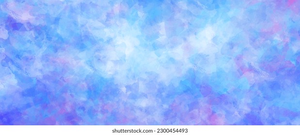 Blue and pink clouds vector art background for cover design, cards, flyer, poster, banner. Sky. Sunset. Heaven. Watercolor hand drawn illustration for design. Watercolour texture. Abstract backdrop.