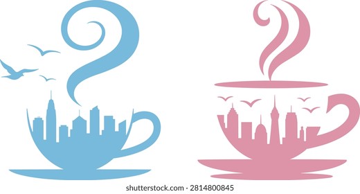 Blue and pink coffee cup with city skyline steam and flying birds flight