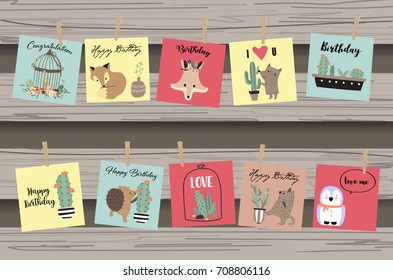 Blue pink collection for banners,Placards with bear,fox,cactus and penguin