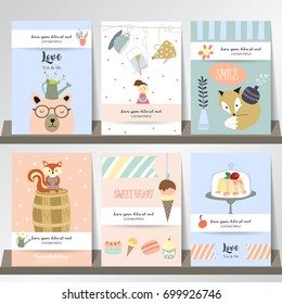 Blue pink collection for banners,Placards with bear,girl,fox,ice cream,cup cake and squirrel